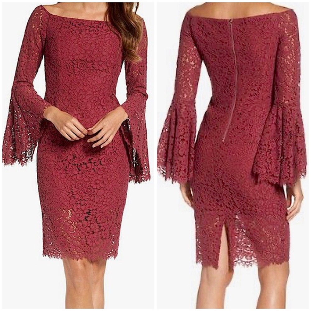 Bardot Solange Lace Off‎ Shoulder Bell Sleeve Sheath Dress Wine Size 4
